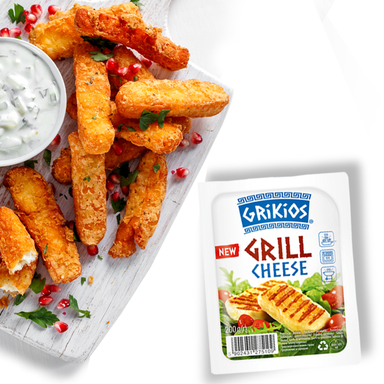 Grill Cheese fingers in breadcrumbs with tzatziki